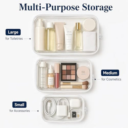 3-Pack Clear Hard Shell Zipper Cases, Crush-Proof Transparent TSA Approved Organizer Bags for Makeup, Cosmetics, Toiletry, Diaper, Toys, Tech & Art Supplies Small Medium Large
