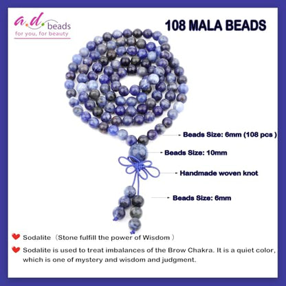 AD Beads 6mm 8mm 108 Prayer Mala Jasper Elastic Bracelet - Handmade Yoga Meditation Healing Power Energy Gifts for Unisex Adult. - color: Sodalite(Wisdom)
