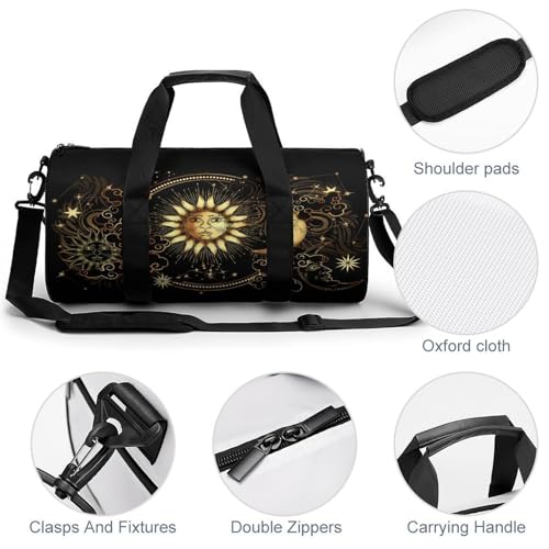 Sun Crescent Moon Stars Astrology Tarot Cards Cylindrical Portable Fitness Bag, Large Capacity Handbag - color: Sun Crescent moon stars astrology tarot cards