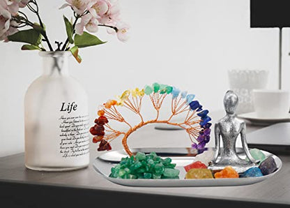 Meditation Accessories, Zen Spiritual Decor, 7 Chakra Crystal Tree Healing Stones and Yoga Statues, for Living Room, Office, Shelves, Mantle Decor, Birthday Gifts for Women