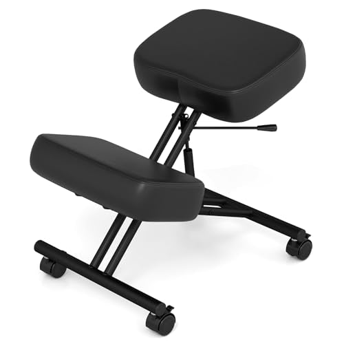 Goplus Kneeling Chair, Upholstered Mobile Desk Chair w/Adjustable Height, Thickened Sponge Cushion, 4 Lockable Universal Wheels, Office Home Padded Stool with Angled Seat, Black (1)