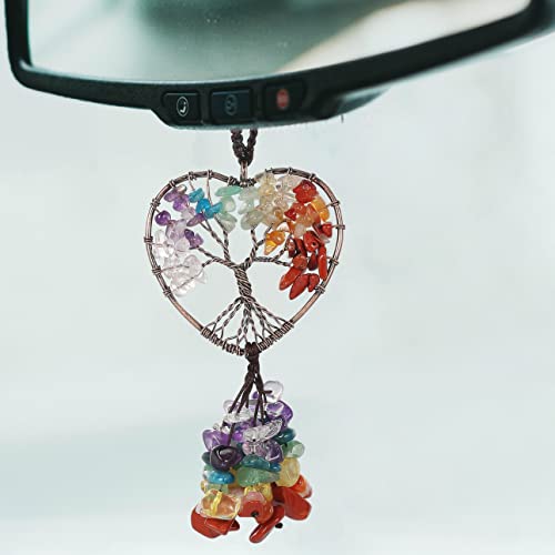 7 Chakra Stones Decor Crystal Hanging Ornaments Decor Heart Shape Spiritual Wichy Room Bedroom Wall Decor Boho Hippie Crystal Car Rearview Mirror Hanging Accessories Decor