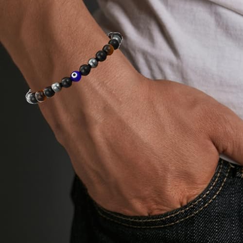 Gnamy Crystal Bracelet Gifts for Men Him- Triple Protection Hematite Black Obsidian Tiger Eye Gemstone Beaded Bracelets Birthday Healing Jewelry Gifts - style: Style 4