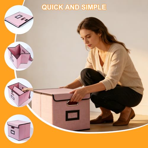 Large Square Storage Bin with Lid, Foldable Organizer Box with Handles & Label Design, for Office, Closet, Home, Documents, Pink, 12.20 x 10.63 x 10.63 Inches, 1 Pack - color: Pink, style: Square - 1 Pack