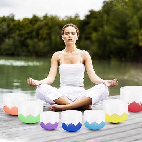 432hz Crystal Singing Bowl Healing 6-12inch Set of 7 Lotus for Meditation Yoga Heart Chakra Singing Bowls Heavy Duty Carrying Case Rubber Mallet Suede Striker - color: Lotus 7 Color