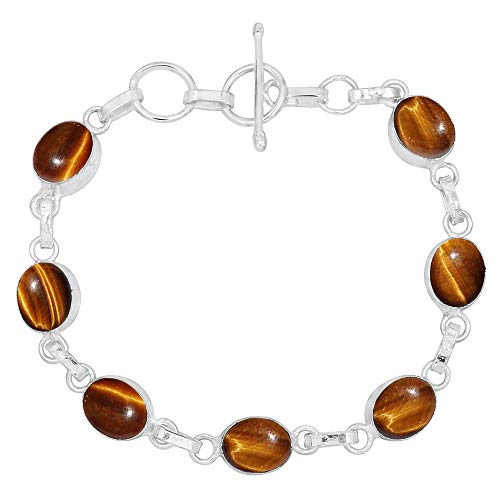 Oval Shape Natural Gemstones Statement Bracelet for Women - 925 Silver Plated Handmade Birthstone Bohemian Vintage Style Women's Jewelry Gifts for Wedding Anniversary Christmas Valentine's Day - color: Tiger Eye