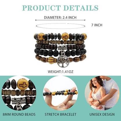 5pcs Wooden Bead Bracelet Set with Charm and Tassel for Men & Women - Stackable Boho Bracelets, Amber Color Scheme Adjustable Bracelet - color: All Brown