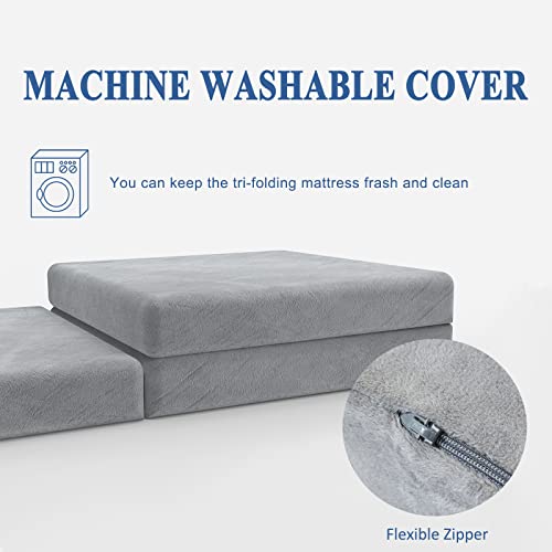 SINWEEK 3.95" Full Memory Foam Folding Topper with Storage Bag - Foldable Trifold Floor Mat Topper, CertiPUR-US Certified Guest Sleeping Pad, Machine Washable Cover - size: T (38 x 75 Inch), style: High Support Foam