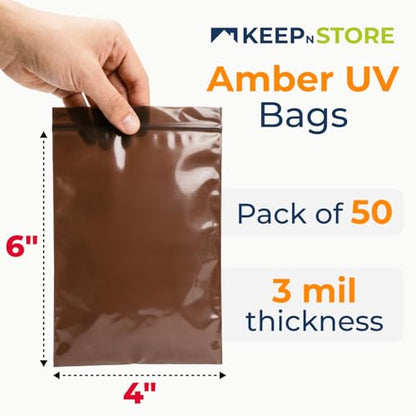4"x 6" UV Protective Amber Zip Bags, Pack of 50 - Resealable Light-Blocking Plastic Bags for Packaging Light-Sensitive Products, Heavy Duty 3 mil Thick, Moisture Resistant Storage - size: 4"W x 6"L, style: Pack of 50