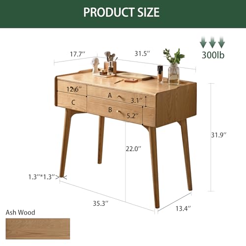 Small Vanity Desk, Solid Wood Dressing Table with Drawer Divider, Study Desk and Vanity Desk for Bedroom, 18" D x 31" W x 32" H - color: Ash Wood-natural, size: 32" W