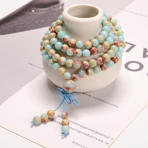 AD Beads 6mm Natural Healing Gemstones Buddhist 108 Prayer Mala Stretchy Bracelet Necklace - color: Agalmatolite