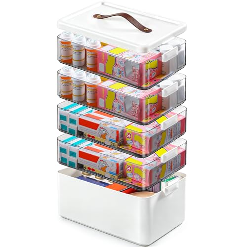 Homaigie Extra Tall 5-Tier Medicine Cabinet Organizer for Upright Medicine Bottles Organizer, Portable Medicine Storage Box with Leather Handle, Empty First Aid Kit Container for Home, Travel - size: 5 Tier