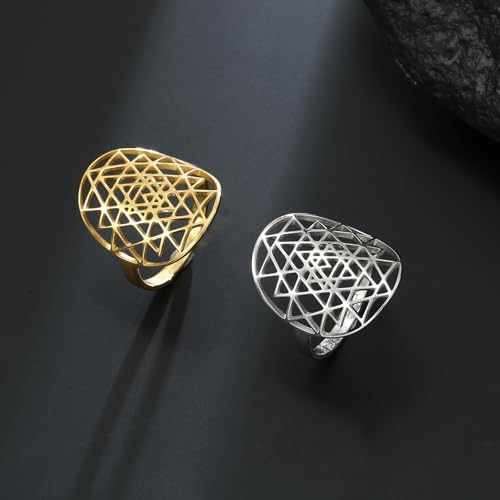 Adjustable Sri Yantra Chakra Ring Sri Yantra Amulet Talisman Pendant Sacred Geometry Ring Hinduism Symbol Sacred Hindu Ring Meditation Jewelry for Women Men - color: gold