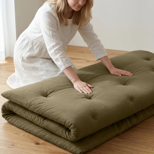 ZonLi Japanese Floor Futon Mattress Twin Size 75"x 39", 100% Cotton Cover 4'' Thicken Tatami Mattress, Foldable Sleeping Pad, Portable Dormitory Tatami Mat, Roll Up Floor Lounger Bed for Adult - color: Winter Moss, size: Queen(80"L x 60"W x 2.5"Th)