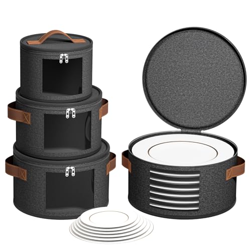 4 Piece China Storage Containers, Dish Storage Containers with Clear Windows, Hard Shell Plate Organizer with Handles, Stackable Moving Boxes for Dishes, Glassware, Dinnerware, Plates, Dark Gray - color: DARK GRAY, style: 4 Pack China Storage Containers