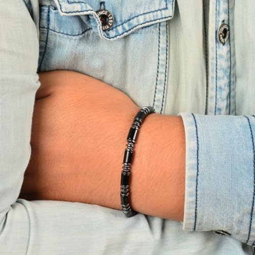 Men's Black Onyx Hematite Tube Beaded Link Bracelet, Handmade Thickened Adjustable Stainless Steel Chain, Stylish Mens Jewelry Gift for Dad, Husband, Son & Friend