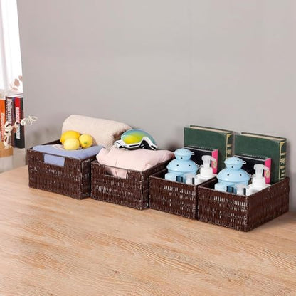 Elevon Plastic Wicker Basket Set of 4, Handmade Storage Basket for Organizing with Handles, Storage Bins for Home Kitchen Countertop, Shelf Organizer, Waterproof, Coffee