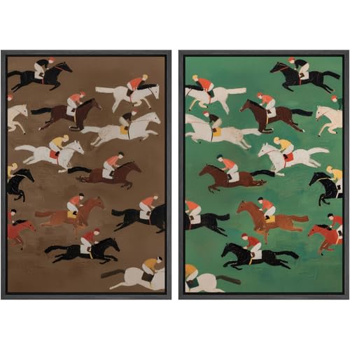 SIGNWIN Framed Canvas Print Wall Art Set Vintage Horse Racing Jockeys Illustrations Modern Art Rustic Colorful Ultra for Living Room, Bedroom, Office - 16"x24"x2 Black - color: A08-2512-b8, size: 16"x24"x2 Panels Black