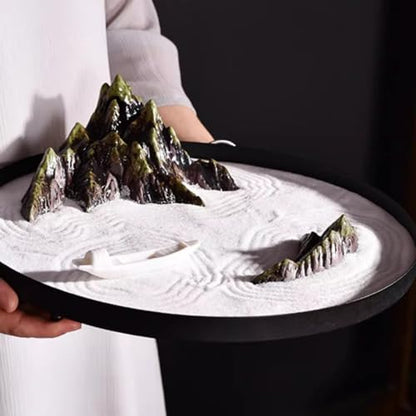 Mixed Model Trees Chinese Zen Style Circular Sand Table Dry Landscape Decoration Creative Round Table Tea Room Tabletop Ceramic Decoration Natural Green Landscape