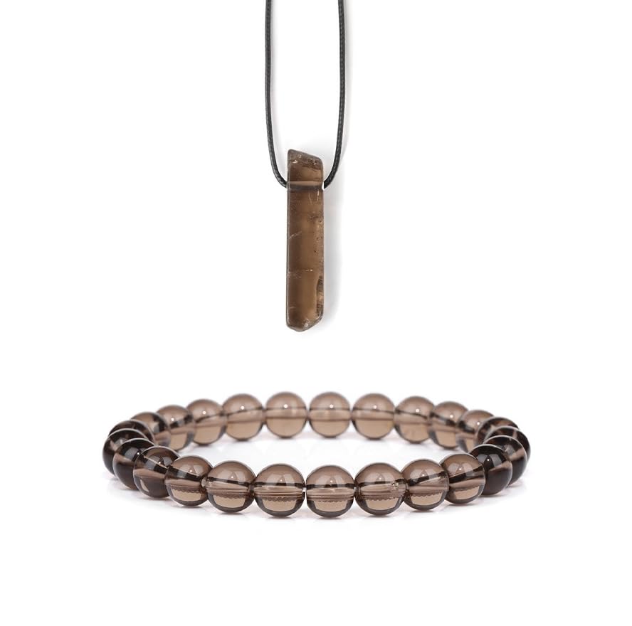 Pingyongchang Stress Relief Anxiety Yoga Bracelets Necklace Set,Healing Crystal Stone Mantra Bracelets for Women Natural Crystal Stone birthday Gifts For Teen Girls Black Leather Necklace for Men - color: Smoky Quartz