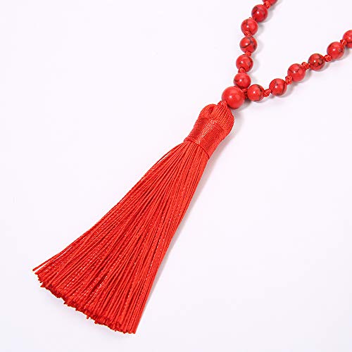 6MM Mala Beads Necklace Natural Amazonite Stone Meditation Statement Necklace Japa Yoga Rosary Prayer Charm Beaded Tassel Necklace - style: Natural Red Turquoise
