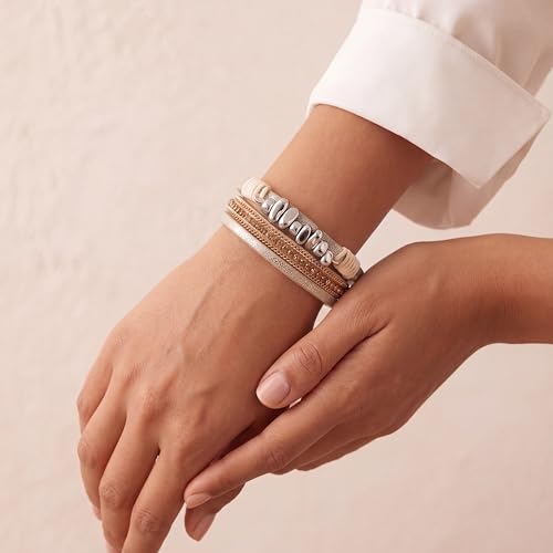 Edoneery Leather Wrap Bracelet for Women, Boho Handmade Multi-Layer Cuff with Crystal Beads Heart, Stackable Bangle Western Jewelry Gift - style: Silver Stone(Beige)