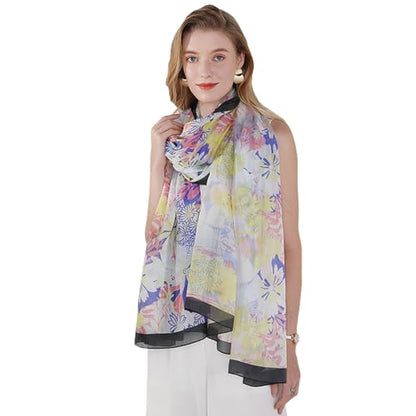 100% Mulberry Extra Large Silk Pashmina Scarf Shawls And Wraps For Women Evening Dress Summer Travel Floral Blanket - color: 76 Yellow