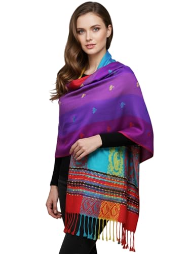 PASKMLNA Double Side Multi Colors Silky Tropical Colorful Exotic Pashmina Wrap Shawl Scarf Rave - color: #8purple