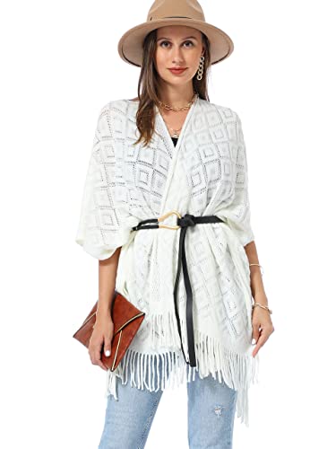 Soul Young Knit Shawl Wrap for Women Ladies Fringe Poncho Blanket Cardigan Cape - color: Z Rhombus Cream White