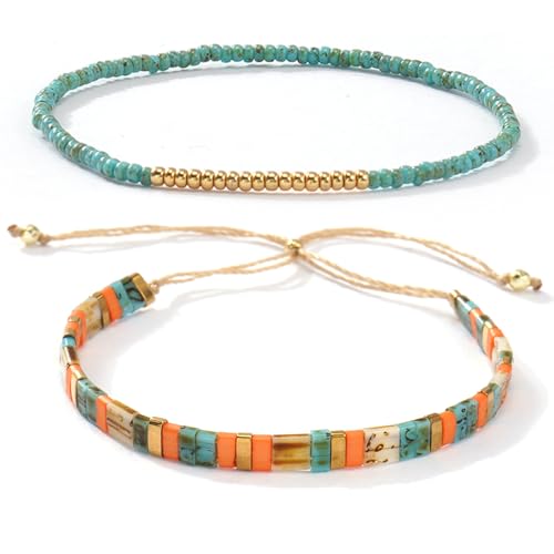 Tila Flat Beaded Stretch Bracelets for Women Stackable Gold Colorful Seed Beads Boho Bracelet Stack Adjustable Rope String Friendship Jewelry Trendy Holiday Gift - color: Teal