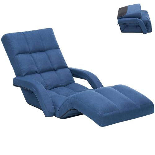 Adjustable Floor Gaming Chair for Adults with Armrests & Adjustable Footrest, 14-Position Folding Chaise Lounge Sofa for Living Room, Bedroom, Balcony (Blue) - color: Blue