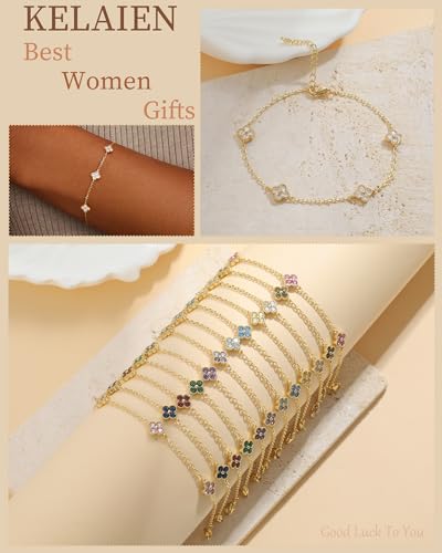 Birthstone Gold Clover Bracelet Dainty 14K Gold Plated Cute Friendship Stackable Bracelets for Women No Tarnish Trendy Charm Best Friend Bracelet Stack for Birthday Jewelry - color: 04. April(Diamond)
