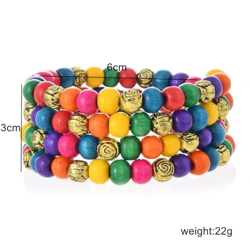 Handmade Wooden Bead Bohemian Elastic Stretch Bracelet Colorful Flower Pattern Design for Women Summer Beach Holiday Jewelry Lightweight - color: round