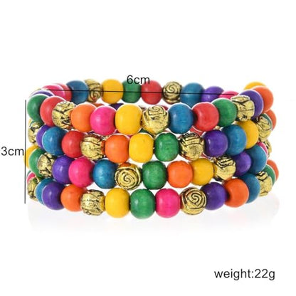 Handmade Wooden Bead Bohemian Elastic Stretch Bracelet Colorful Flower Pattern Design for Women Summer Beach Holiday Jewelry Lightweight - color: round