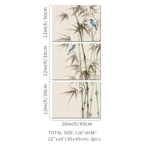 KREATIVE ARTS 3 Piece Bamboo Canvas Wall Art Set Zen Print with American Robin Bird Chinese Painting Triptych Botanical Plant Artwork Asian Wall Decor for Yoga Spa Each Panel 12x16
