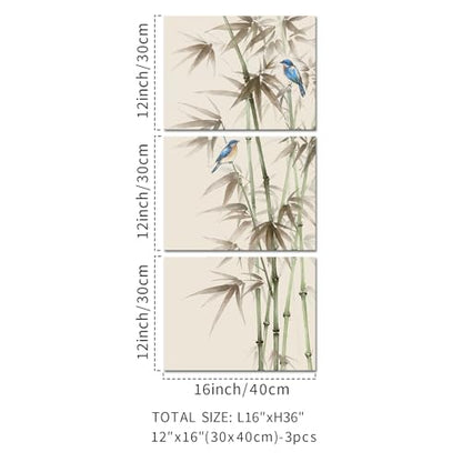 KREATIVE ARTS 3 Piece Bamboo Canvas Wall Art Set Zen Print with American Robin Bird Chinese Painting Triptych Botanical Plant Artwork Asian Wall Decor for Yoga Spa Each Panel 12x16