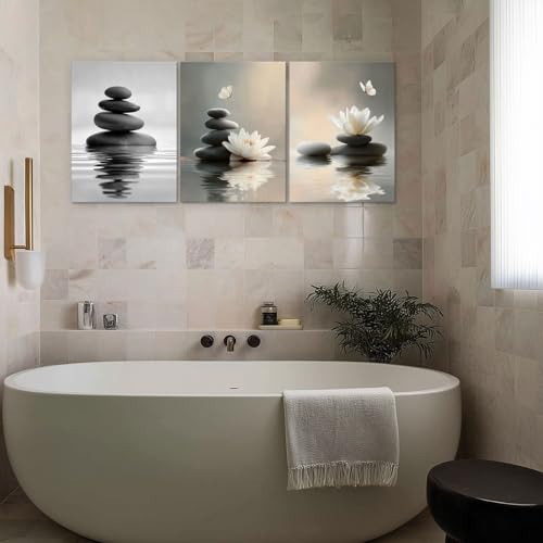 Lotus Wall Art Zen Stones in The Water Bathroom Calming Meditation Butterfly Framed Breathe Spiritual Canvas for Bathroom Living Room Yoga, Set of 3, 16x24 Inch - Ready to Hang - color: Lotus and Stones, size: 16" x 24"x3