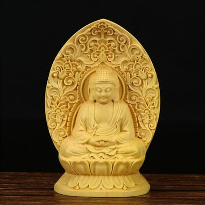 Ulalaza Boxwood Buddha Statue Solid Wood Carvings Carved Locker Box Sculpture Decoration - color: S3-yellow