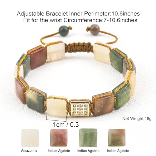Square Natural Stone Unisex Adjustable Bracelet - Handmade with Natural Stons - Square Healing Crystal Bead Bracelet - color: Multicolored