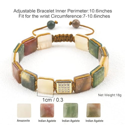 Square Natural Stone Unisex Adjustable Bracelet - Handmade with Natural Stons - Square Healing Crystal Bead Bracelet - color: Multicolored