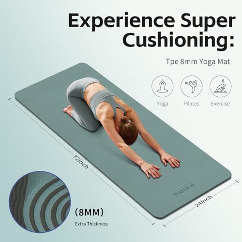 PAIDU Yoga Mat 8mm Super Thick TPE Fitness Mat | SGS Certified | Non-Slip, Odorless & Tear-Resistant | Unisex with Strap | for Yoga, Pilates, Meditation & Home Workouts - color: Deepgreen&Gray