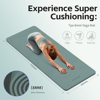 PAIDU Yoga Mat 8mm Super Thick TPE Fitness Mat | SGS Certified | Non-Slip, Odorless & Tear-Resistant | Unisex with Strap | for Yoga, Pilates, Meditation & Home Workouts - color: Deepgreen&Gray