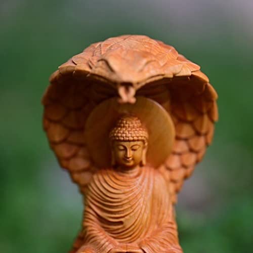 Solid Wood Amitabha Buddha Statue Zen Decor,Sakyamuni Sitting on Snake Figurines Home Office Decor,Feng Shui Decor Amitabha Buddha Sculpture Ornament