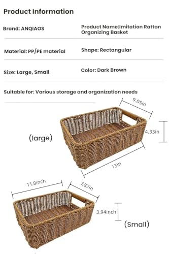 Plastic Storage Baskets for Shelves and Cabinets, Wicker Storage Baskets for Shelves, Pantry Baskets Organization and Storage, Water-Resistant and Durable(Set of 2, Dark Brown)