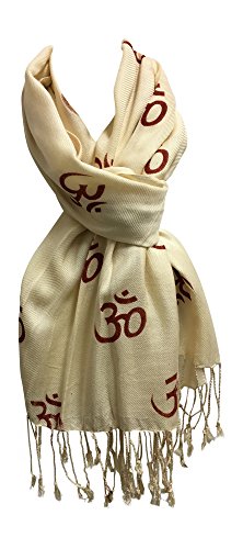 Indian Ethnic Yoga Red Om Block Print Long Scarf Prayer Shawl Stole SHANTI - color: Cream