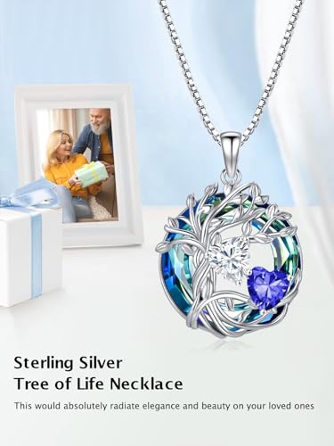 TOUPOP s925 Sterling Silver Family Celtic Tree of Life Pendant Necklaces with 2 Heart Birthstone with Blue Austrian Crystal Jewelry Birthday Valentines Day Gifts for Her, Anniversary Christmas Gifts for Wife Girlfriend Mom (18K Real White Gold Filled) - c