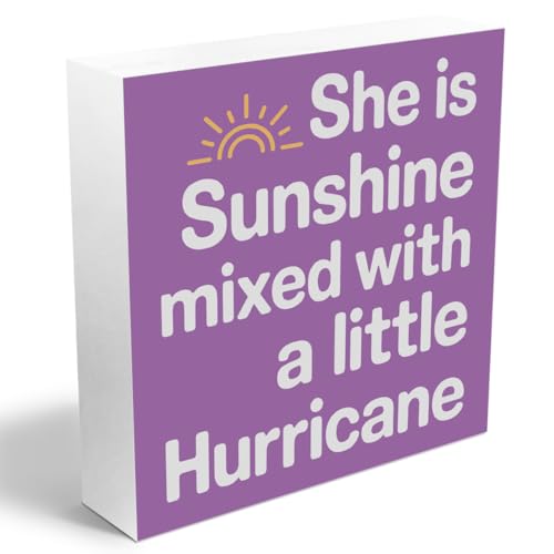 She Is Sunshine Mixed With a Little Hurricane Wood Box Sign, Purple Boho Desk Decor Wood Plaque, Girls Inspirational Purple Decorative Signs for Girls Room Nursery Playroom Shelf Table - color: Sunshine