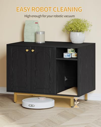 Hzuaneri Cat Litter Box Enclosure,Hidden Litter Box Furniture with Storage, Large Wooden Cabinet with Sisal Mat, Modern Cat Washroom for Living Room, Bedroom, Entryway, Black and Gold CB01504G - color: Black and Gold