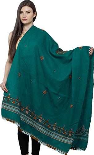 Exotic India Women's Pure Wool Shawl from Kutch with Central Embroidered Chakra and Mirrors Ethnic Design Stole, Scarves - color: Alpine Green