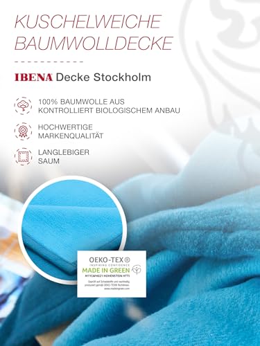 IBENA Reversible Organic Cotton Jacquard Woven Low Pile Velour Throw Blanket Stockholm- Lagoon